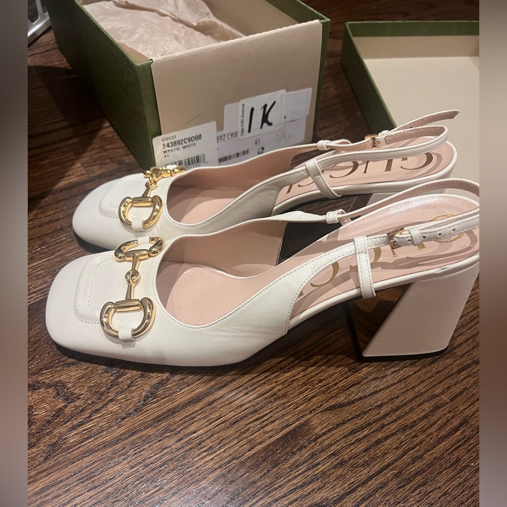Gucci GG Slingback Horsebit Pumps Chunk Heel Heels Mystic White Leather Sz 41 - Picture 13 of 15